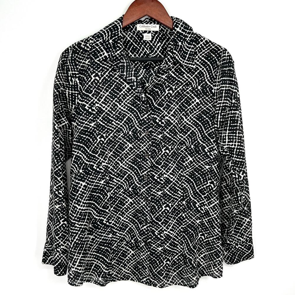Coldwater Creek Womens Size Large Black White Long Sleeve Blouse Shirt Top